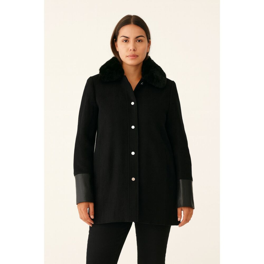 MAJE‎ Wool Peacoat Style Jacket Fur Collar Black Sz 38 (Medium)